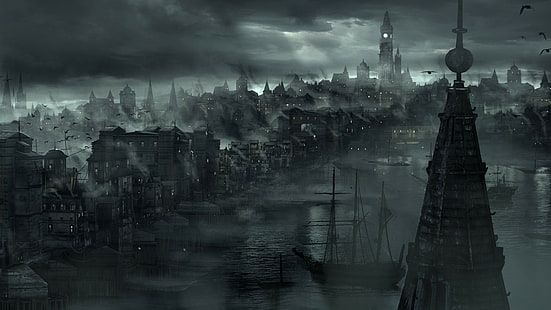 cidade, rio, paisagem urbana, escuro, arte da fantasia, cidade da fantasia, névoa, barco, HD papel de parede HD wallpaper