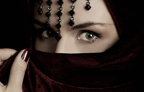 женский черный платок хиджаб, вуаль, лицо, девушка, зеленые глаза, HD обои HD wallpaper