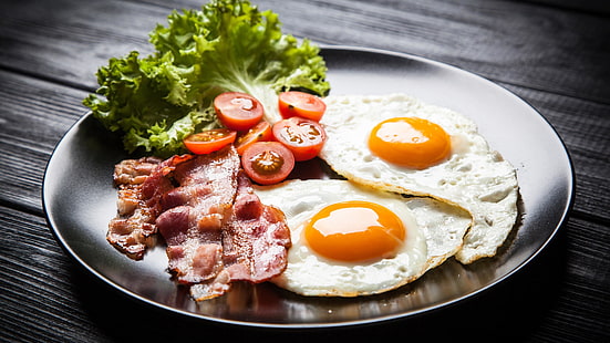 bacon, ägg, tomat, sallad, maträtt, måltid, stekt ägg, frukost, komplett frukost, mat, mat, HD tapet HD wallpaper