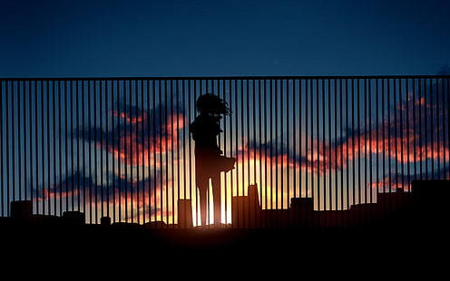 wanita berdiri siluet, siluet wanita dekat pagar, anime, pemandangan, matahari terbenam, gadis anime, kota, matahari, langit, awan, sinar matahari, pagar, siluet, Wallpaper HD HD wallpaper