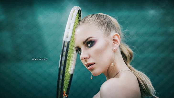 look, girl, face, background, portrait, makeup, racket, tennis, Anton Kharisov, Katrin Sarkozy, HD wallpaper