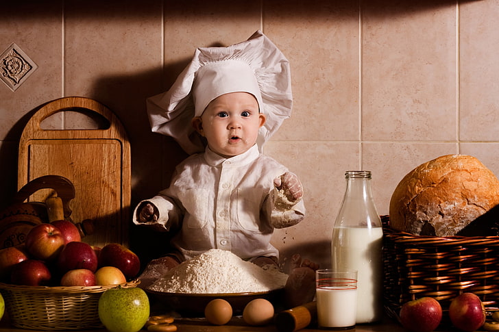 Baby Chef With Milk, glass of milk, Baby, , cute little baby girl, cute, HD wallpaper