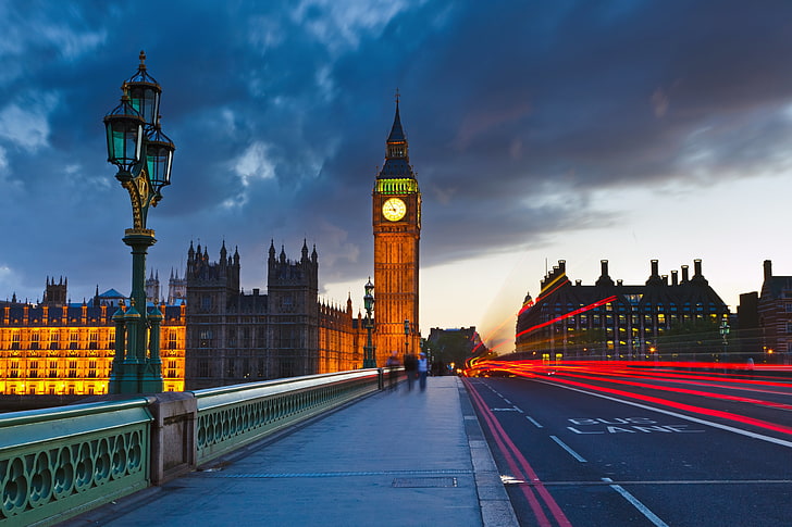 برج العذراء ، لندن ، قصر وستمنستر ، لندن ، ساعة بيج بن ، المساء ، حركة المرور، خلفية HD