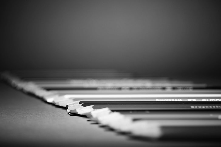 black and white, blur, blurry, close up, focus, macro photography, monochrome photography, pencils, HD wallpaper