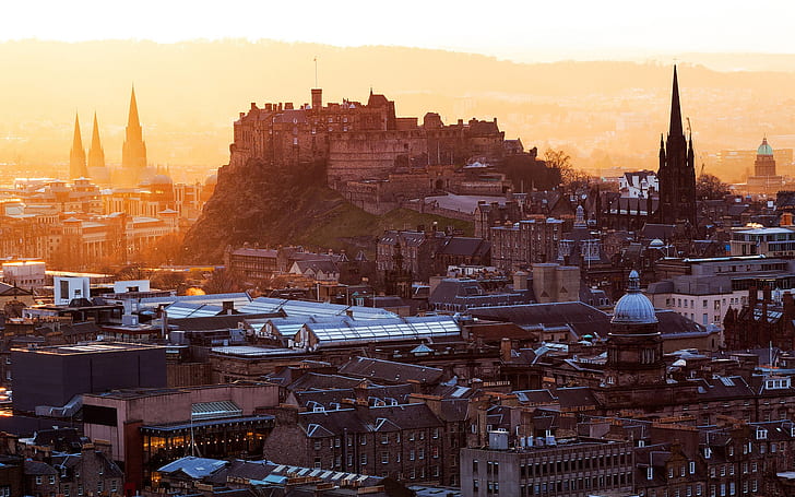 Edinburgh Castle, Scotland, United Kingdom, city, houses, buildings, dawn, Edinburgh, Castle, Scotland, Kingdom, City, Houses, Buildings, Dawn, HD wallpaper