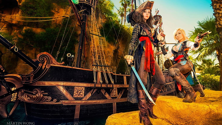 wallpaper digital dua wanita bajak laut, Monika Lee, Jessica Nigri, Assassin's Creed, cosplay, bajak laut, Wallpaper HD