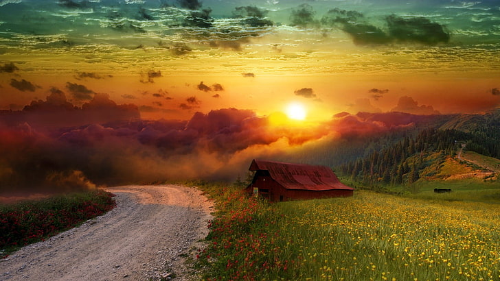 gelbe Blumenfelder nahe Haus während des Sonnenuntergangs digitale Tapete, Sonnenuntergang, Häuschen, purpurroter Himmel, Wolken, skyscape, Berge, HD-Hintergrundbild