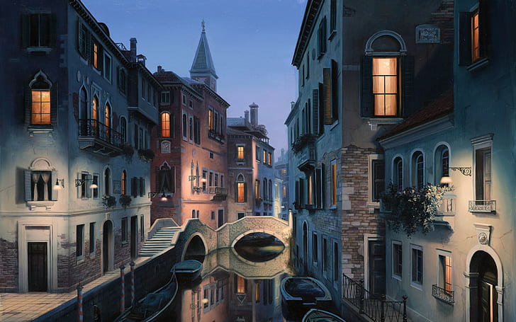 canal, city, eugene, gondola, italy, lushpin, painting, venice, HD wallpaper