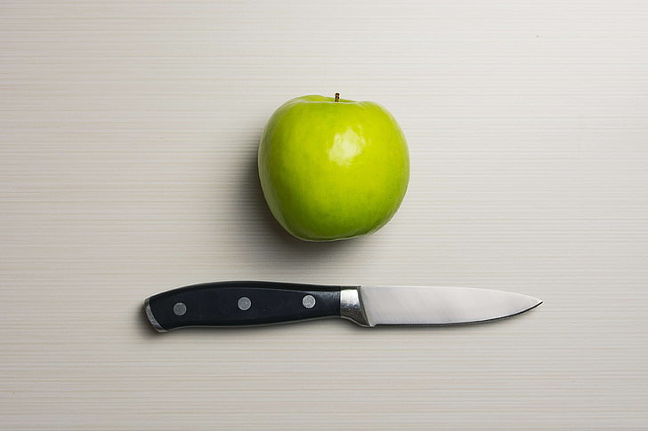 apple, blade, cutting tool, food, fruit, green apple, healthy, kitchen knife, knife, steel, HD wallpaper