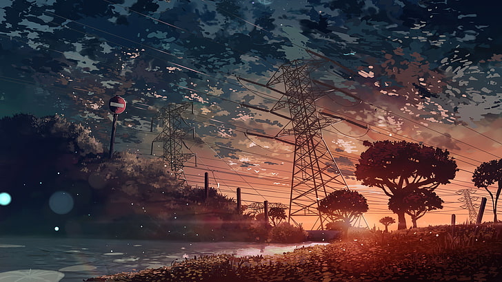 grauer Sendemast, Strommast während der goldenen Stunde, Anime, Landschaft, digitale Kunst, HD-Hintergrundbild