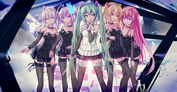 аниме момичета, аниме, Vocaloid, Megurine Luka, Hatsune Miku, Lily (Vocaloid), zettai ryouiki, twintails, бедра, HD тапет HD wallpaper
