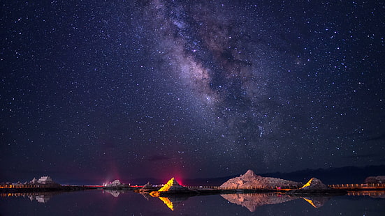 Vintergatan, stjärnhimmel, Chakayan-sjön, galax, natt, haixi, Ulan, Kina, sjö, natthimlen, Chaka Salt Lake, te-kortsalt Lake, tibetansk platå, Tibet, Stjärnklar natt, stjärnor, HD tapet HD wallpaper
