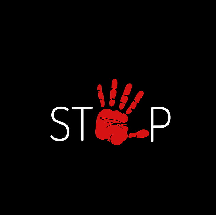 red, background, black, hand, minimalism, stop, the word, HD wallpaper