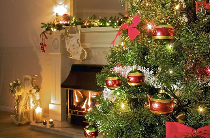 tree, christmas decorations, fireplace, christmas, garland, comfort, green and red christmas tree and ribbon, tree, christmas decorations, fireplace, christmas, garland, comfort, HD wallpaper