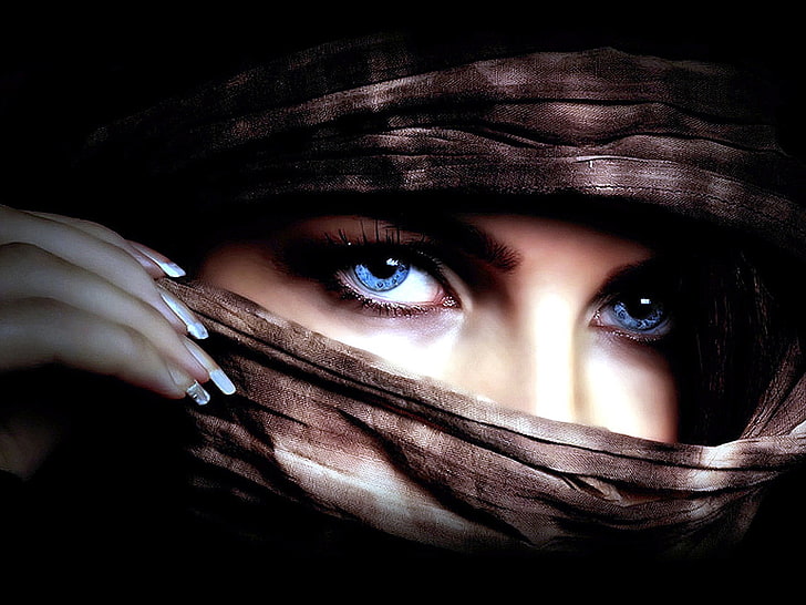 blue eyes, women, covering face, model, HD wallpaper