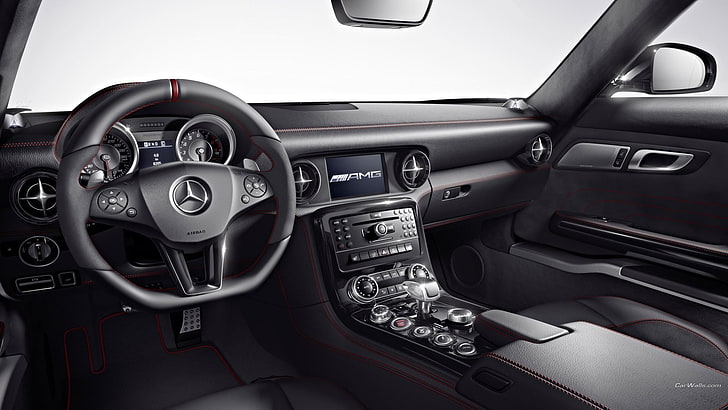 черный Mercedes-Benz, салон автомобиля, Mercedes SLS, салон автомобиля, Mercedes Benz, автомобиль, автомобиль, HD обои