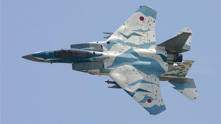 F15日本、白と青のジェット機、軍、イーグル、青、戦闘機、日本、航空機、 HDデスクトップの壁紙