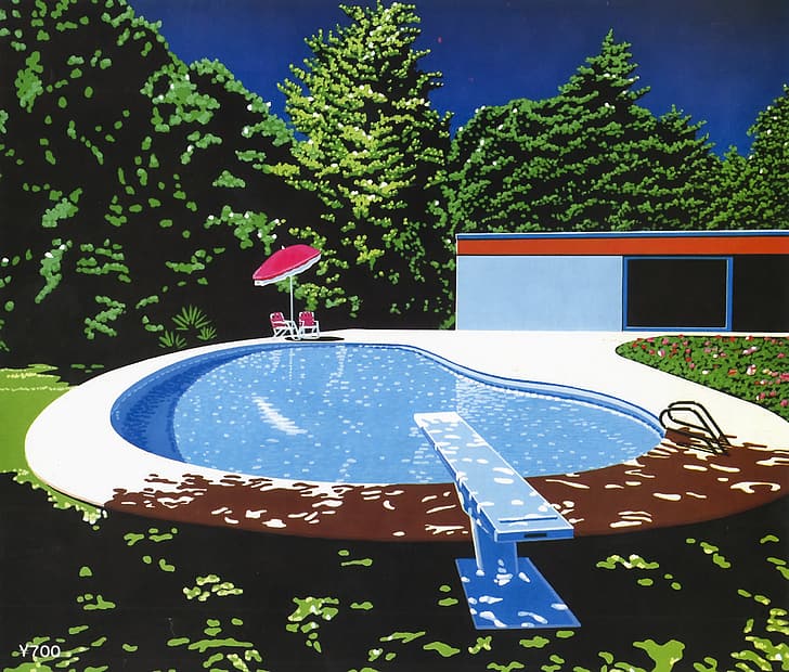 Hiroshi Nagai, Retrowave, pintura, piscina, Fondo de pantalla HD