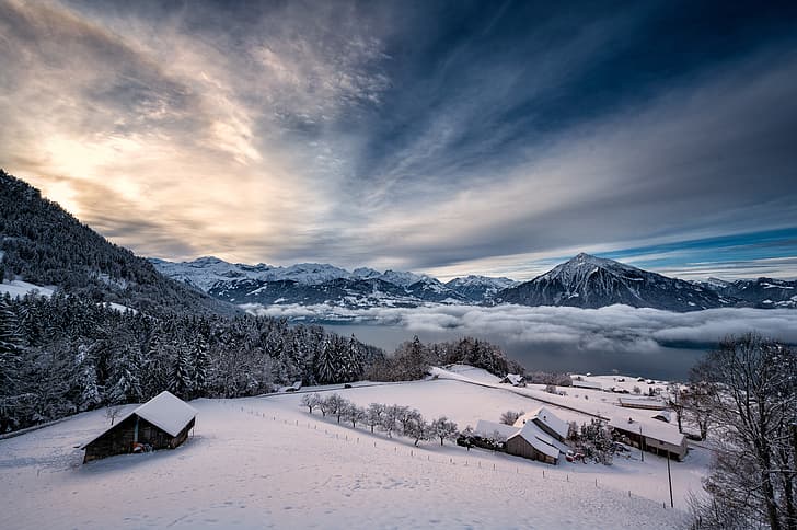 l'hiver, la neige, les arbres, les montagnes, le lac, l'aube, le matin, la Suisse, le village, les maisons, le lac de Thoune, les Alpes bernoises, les Alpes bernoises, Thunersee, Тунерзее, Fond d'écran HD