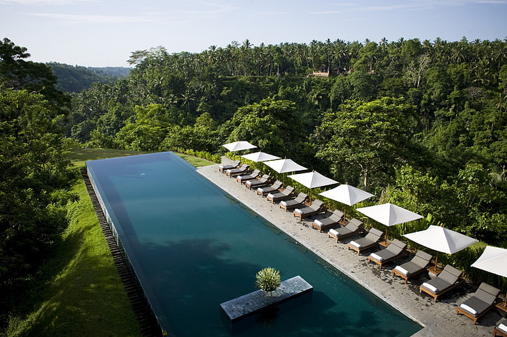 pool, Alila Ubud, sunbed, tourism, travel, forest, Indonesia, resort, Bali, The best hotel pools 2017, vacation, HD wallpaper