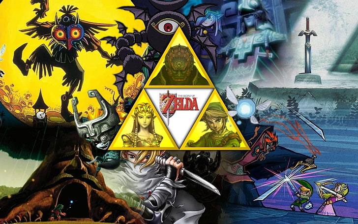 The Legend of Zelda poster, The Legend of Zelda, Zelda, Link, collage, video games, Princess Zelda, skull kid, Ganondorf, Sheik, Great Deku Tree, Midna, Ganon, Master Sword, HD wallpaper