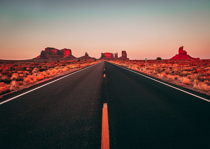 asphalt road, road, desert, clear sky, USA, landscape, HD wallpaper