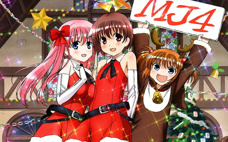 Girl Genius Mahjong HD söt anime tapet 10, tre kvinnliga anime karaktärer digital tapet, HD tapet