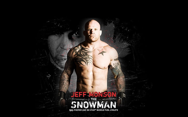 Джефф Монсон, тату, боец, чёрный фон, мышцы, мма, UFC, Джефф Монсон, голый торс, ударная сила, снеговик, HD обои