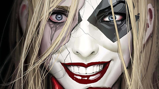 Harley Quinn, DC Comics, superhjältar, superhjälte, kvinnor, blonda, blå ögon, mask, ansikte, mun, läppar, läppstift, rött läppstift, hår i ansiktet, serier, komisk konst, fantasikonst, fantasiflicka, konstverk, digital konst, HD tapet HD wallpaper