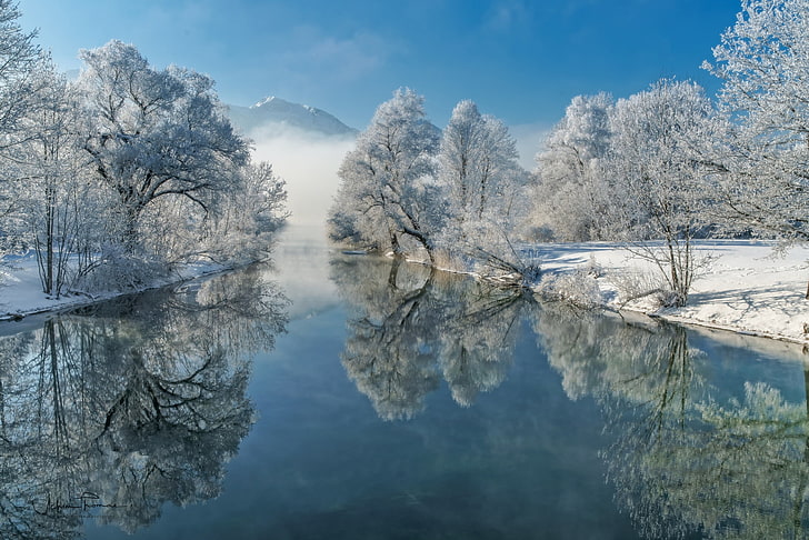 заснежени голи дървета, зима, слана, дървета, отражение, река, Германия, Бавария, Бавария, река Лойзах, реката Лойзах, HD тапет
