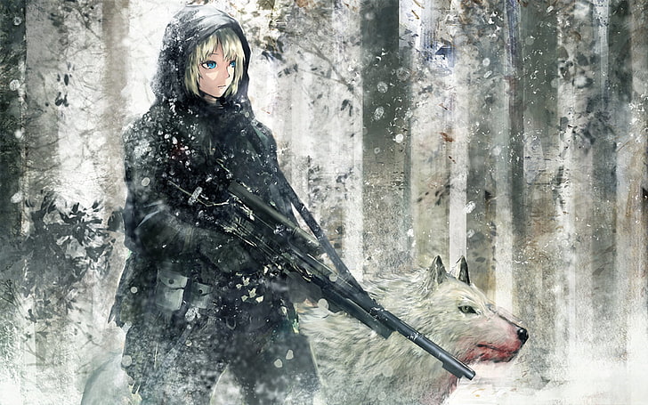wanita memegang ilustrasi karakter anime senapan, anime, gadis anime, serigala, salju, hutan, penembak jitu, Wallpaper HD