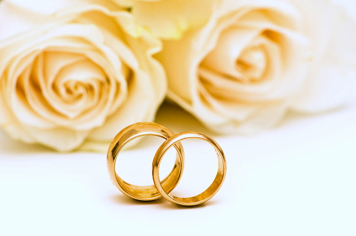 couple, emotions, flowers, girls, gold, lovers, marriage, rings, romance, roses, wedding, yellow, HD wallpaper