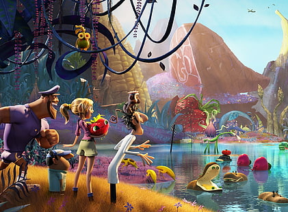 Cloudy with a Chance of Meatballs 2 2HD Wallpaper13 HD Wallpaper, Three men and one woman animated wallpaper, Cartoons, Others, 2013, flint lockwood, samantha sparks, วอลล์เปเปอร์ HD HD wallpaper