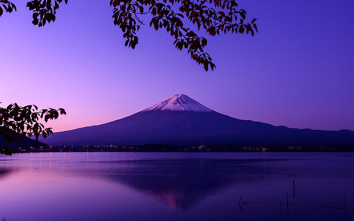 Mt.Fuji, lago, paesaggio, montagne, viola, riflessione, Sfondo HD