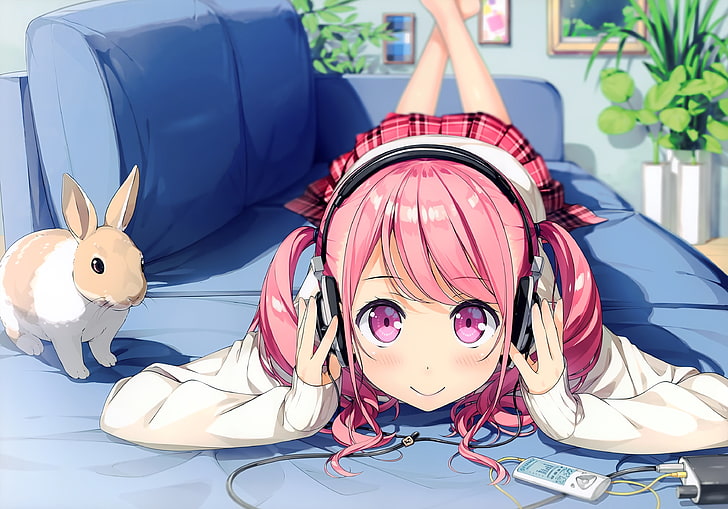 red hair girl anime character illustration, anime, anime girls, Kurumi (Kantoku), headphones, rabbits, twintails, long hair, pink hair, pink eyes, skirt, HD wallpaper