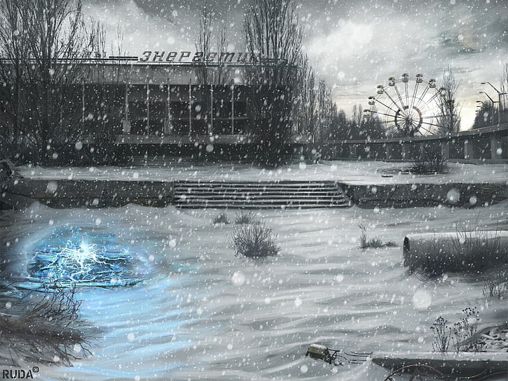nöjespark täckt med snömålning, S.T.A.L.K.E.R., vinter, Pripyat, HD tapet