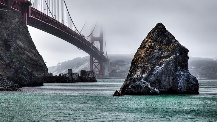 златна порта, мост, САЩ, САЩ, мъглив, остров, скала, HD тапет
