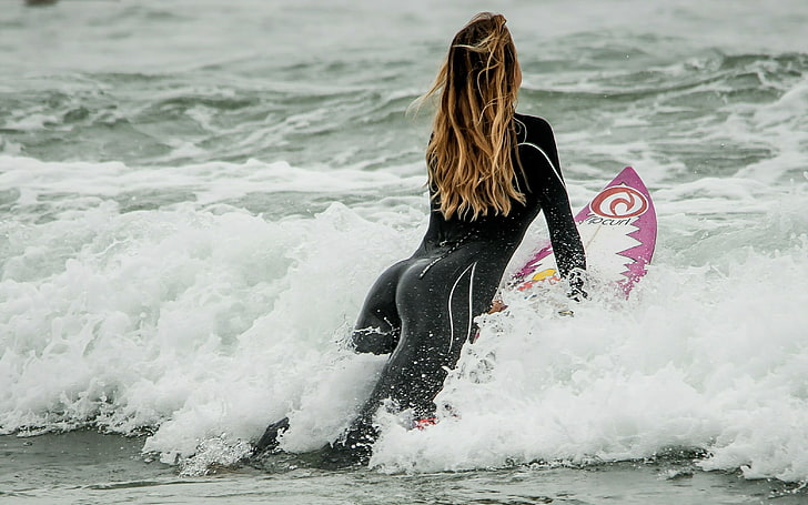 women's black wetsuit, women, sports, surfers, surfboards, wetsuit, HD wallpaper