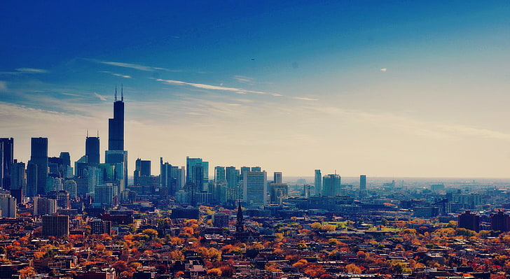pemandangan kota, musim gugur, langit, gedung pencakar langit, Chicago, AS, megapolis, illinois, Wallpaper HD