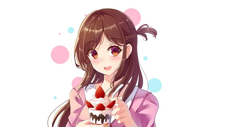 Anime-Mädchen, Erdbeeren, Eiscreme, langes Haar, Chizuru Mizuhara, Kanojo, Okarishimasu (Rent-a-Girlfriend), einfacher Hintergrund, HD-Hintergrundbild