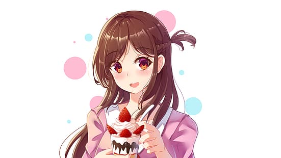 filles d'anime, fraises, crème glacée, cheveux longs, Chizuru Mizuhara, Kanojo, Okarishimasu (Rent-a-Girlfriend), fond simple, Fond d'écran HD HD wallpaper