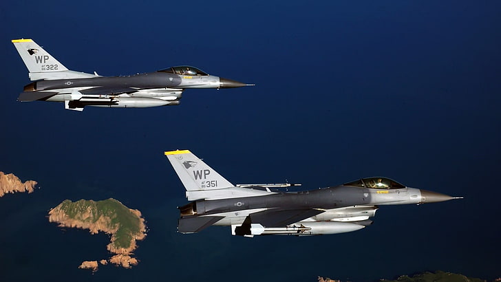 dos aviones grises y negros, aviones militares, aviones, jets, General Dynamics F-16 Fighting Falcon, militares, aviones, Fondo de pantalla HD