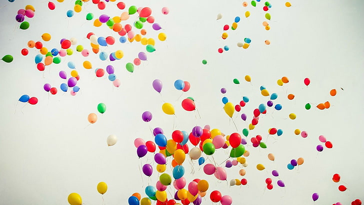 Gündüz, balon, uçan, hava, renkli sırasında yayılan çok renkli balonlar, HD masaüstü duvar kağıdı