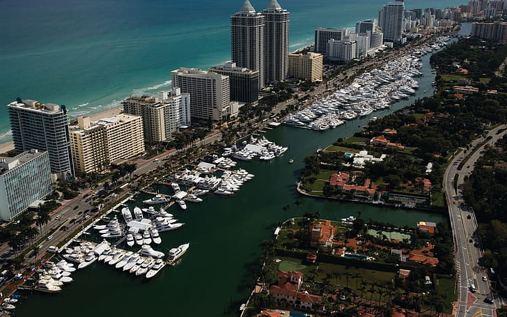 Флорида, городской пейзаж, панорама, вид с воздуха, Майами, Индийский ручей, HD обои