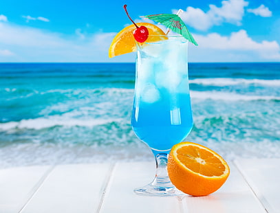 orange fruit, ice, sea, beach, cocktail, fruit, fresh, blue, orange, drink, fruits, tropical, curacao, HD wallpaper HD wallpaper