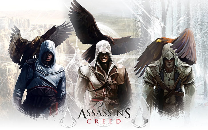 Fondo de pantalla de Assassin's Creed, Águila, Assassin's Creed, Altair, Altair Ibn La-Ahad, Radunhageydu, Connor Kenuey, Ezio Auditore da Firenze, Connor Kenway, El pájaro hijo de nadie, Fondo de pantalla HD