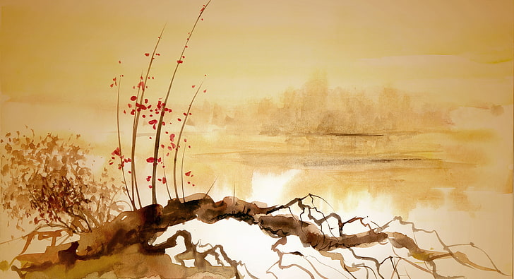 red leafed grass painting, river, snag, Chinese painting, HD wallpaper