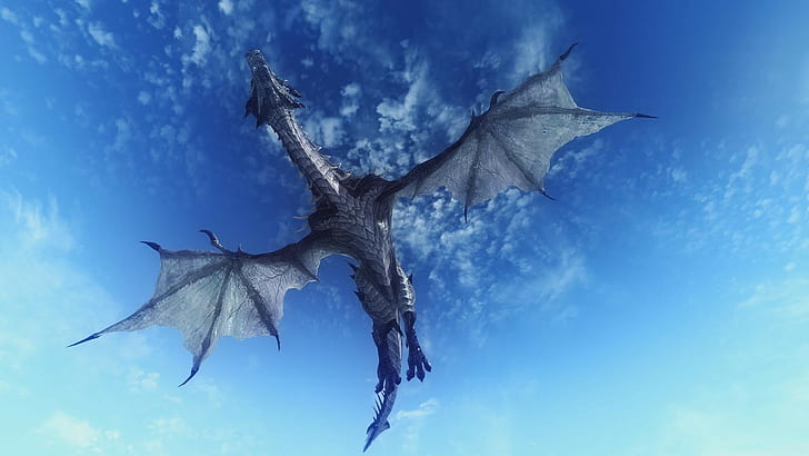 фентъзи изкуство, дракон, летене, небе, драконови крила, опашка, облаци, дигитално изкуство, везни, нокти, The Elder Scrolls V: Skyrim, HD тапет