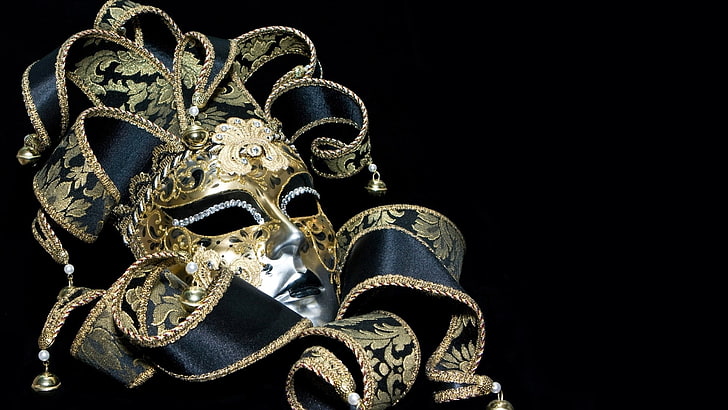 black and brown mask, mask, masquerade, ribbons, patterns, HD wallpaper