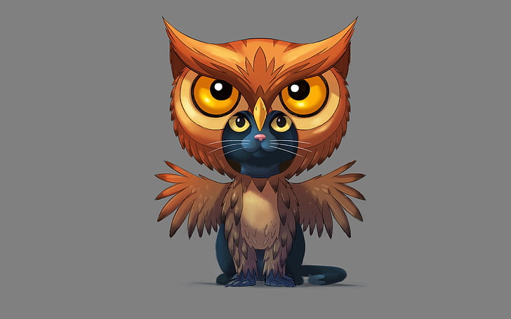 brown owl costume illustration, cat, owl, minimalism, savakot, HD wallpaper